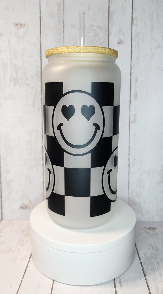 Checkered Smiley Glass Cup